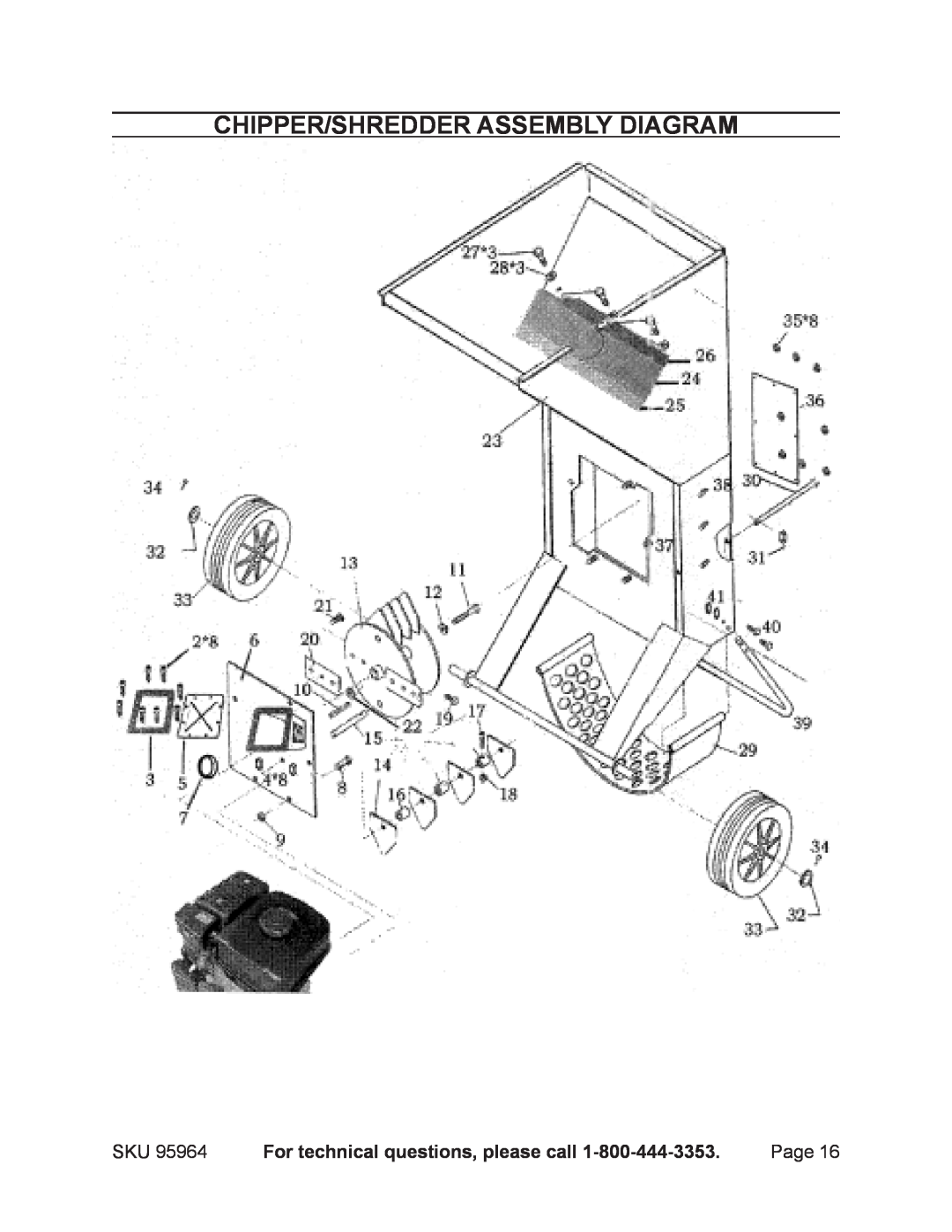 Harbor Freight Tools 95964 operating instructions Chipper/shredder assembly diagram, For technical questions, please call 