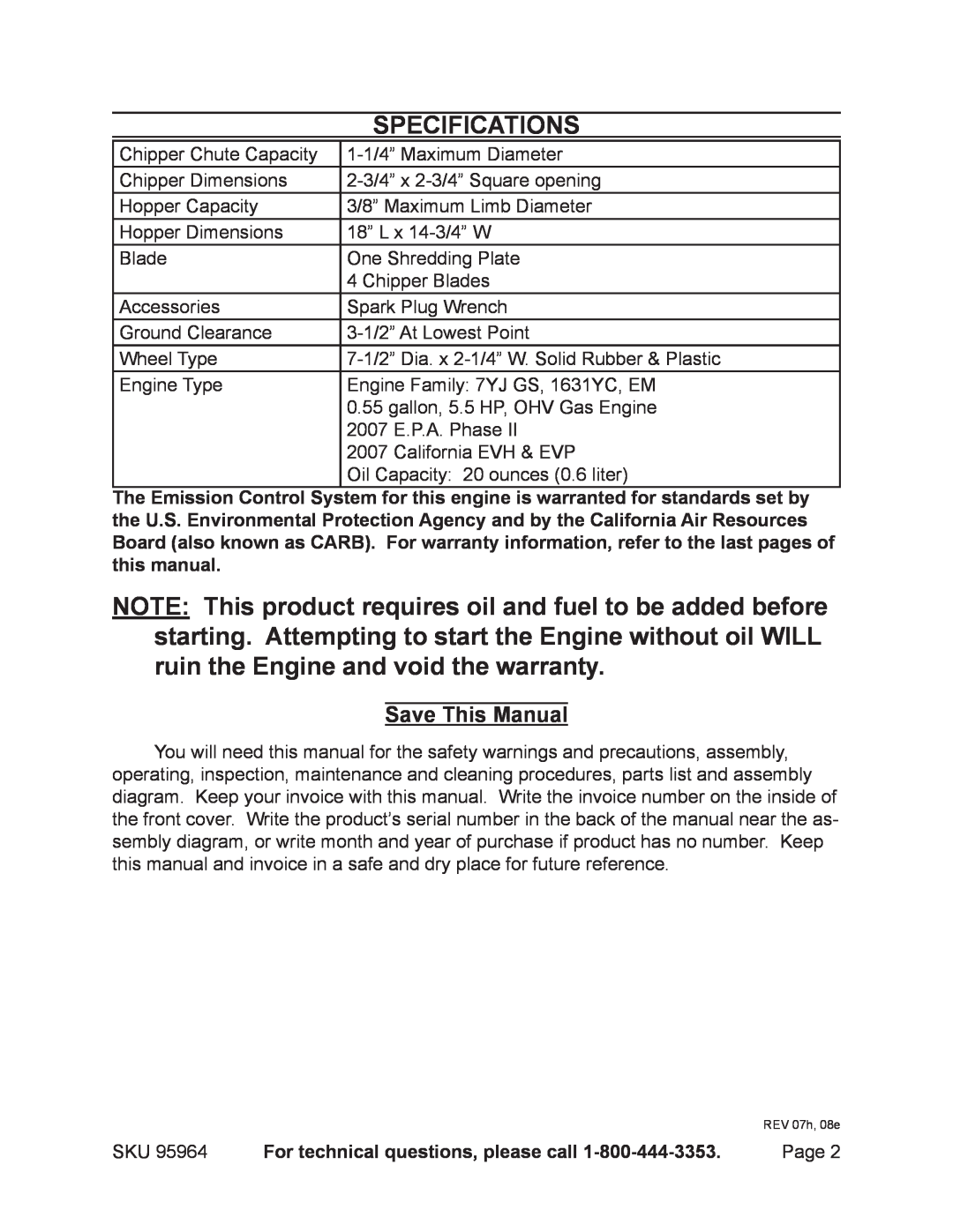 Harbor Freight Tools 95964 operating instructions Specifications, Save This Manual, For technical questions, please call 