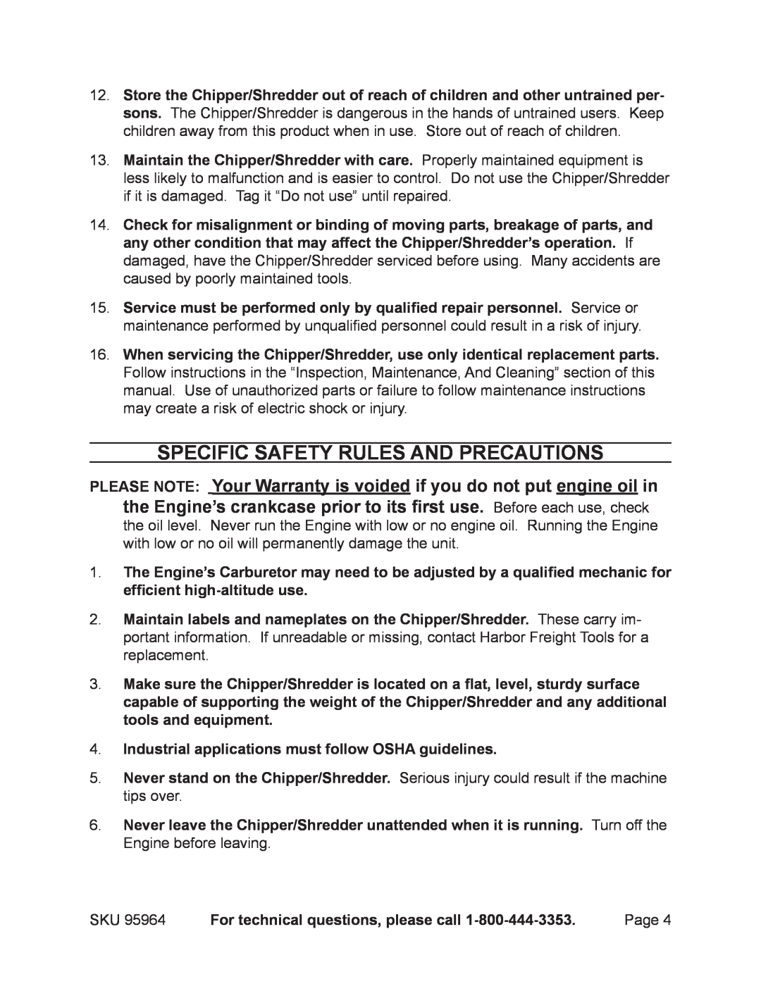 Harbor Freight Tools 95964 Specific Safety Rules And Precautions, Industrial applications must follow OSHA guidelines 