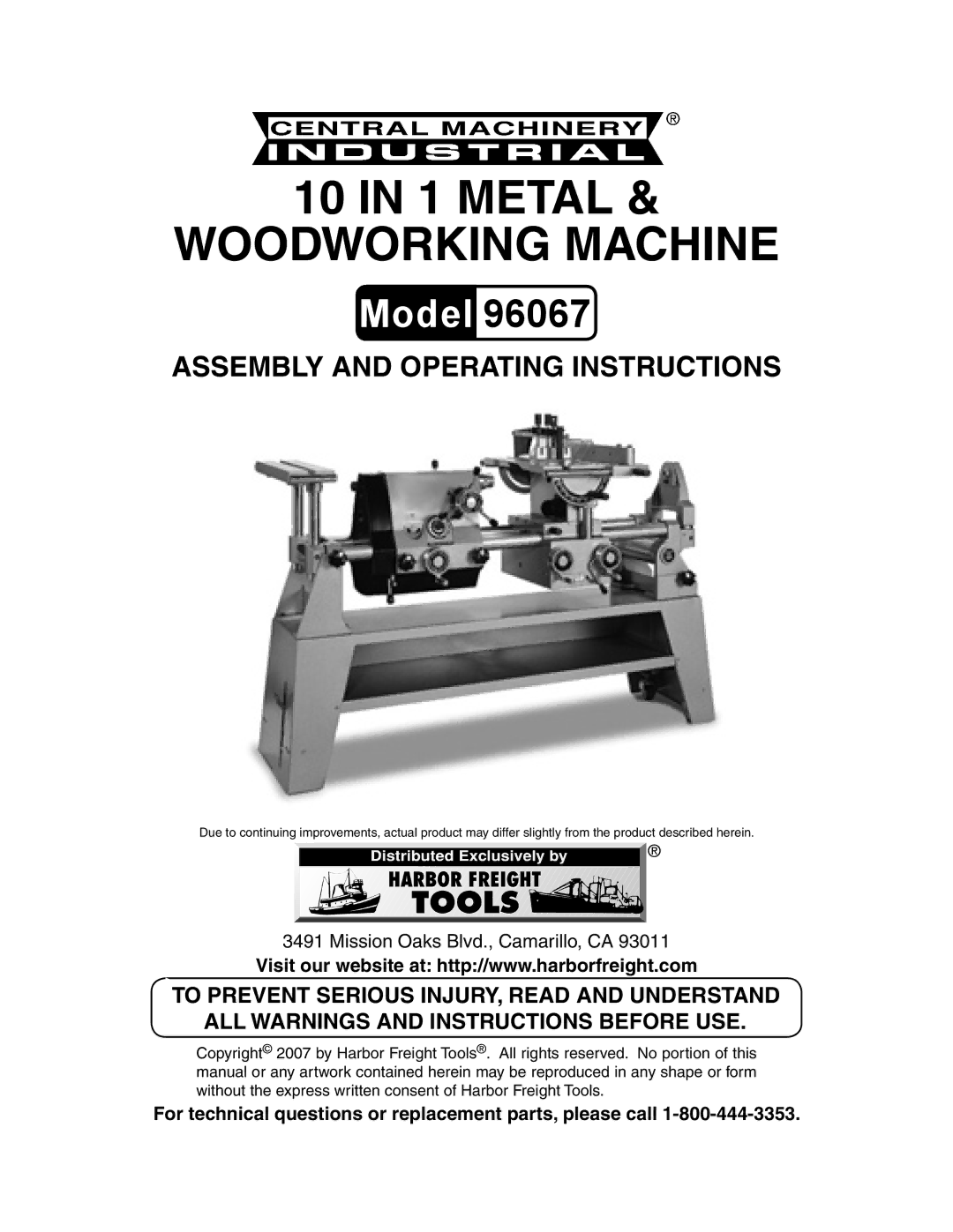 Harbor Freight Tools 96067 operating instructions Woodworking Machine 