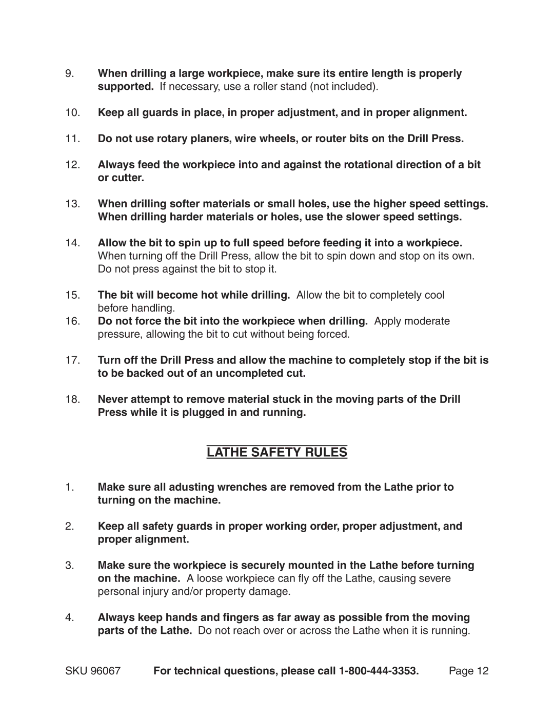 Harbor Freight Tools 96067 operating instructions Lathe Safety Rules 