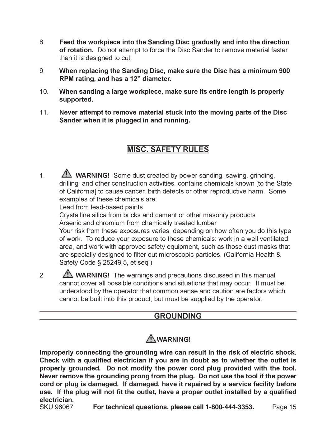 Harbor Freight Tools 96067 operating instructions MISC. Safety Rules, Grounding 