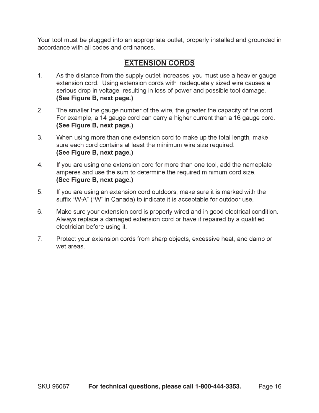 Harbor Freight Tools 96067 operating instructions Extension Cords, See Figure B, next 