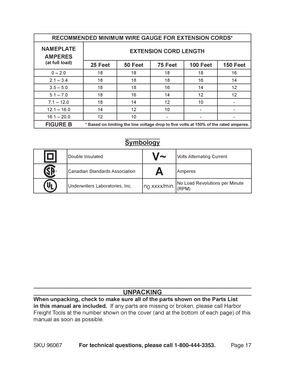 Harbor Freight Tools 96067 operating instructions Symbology, Unpacking, Feet 