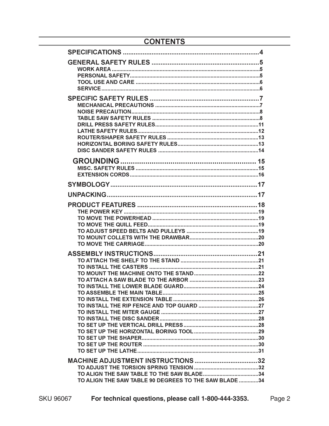 Harbor Freight Tools 96067 operating instructions Contents, Grounding 