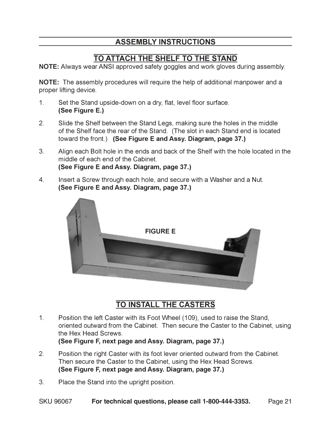 Harbor Freight Tools 96067 Assembly Instructions To Attach the Shelf to the Stand, To Install the Casters, See Figure E 