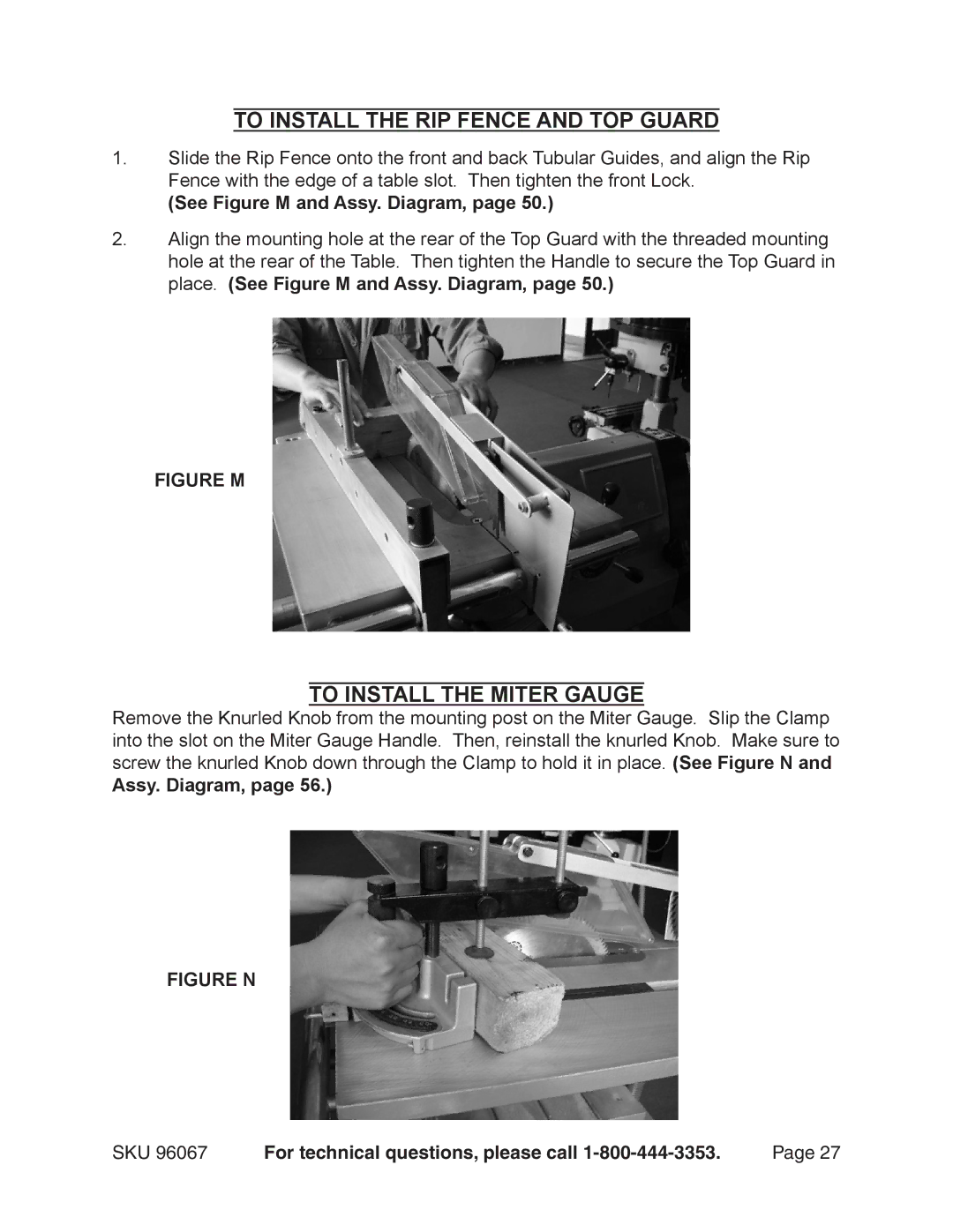 Harbor Freight Tools 96067 To Install the RIP Fence and TOP Guard, To Install the Miter Gauge, Assy. Diagram 