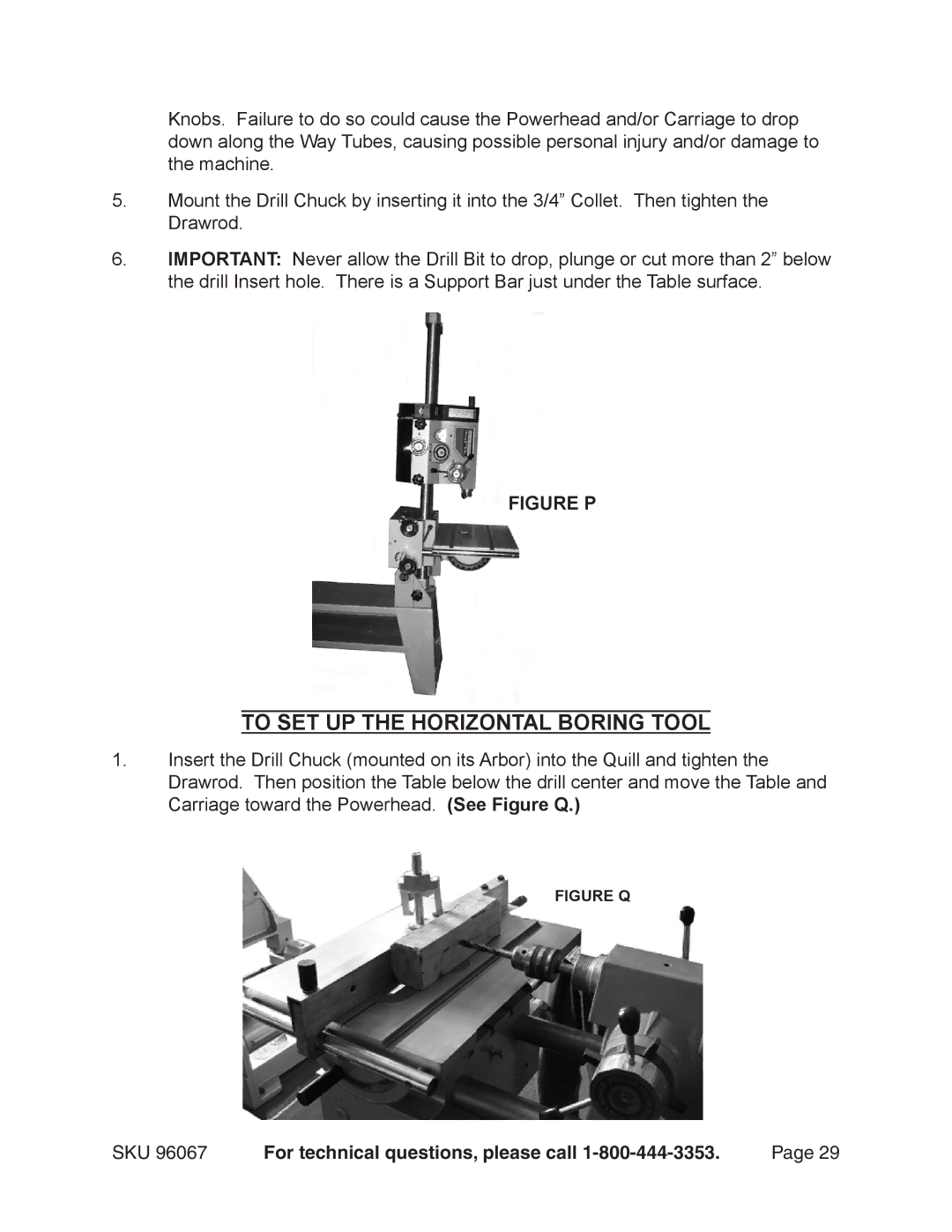 Harbor Freight Tools 96067 operating instructions To SET UP the Horizontal Boring Tool, Figure P 