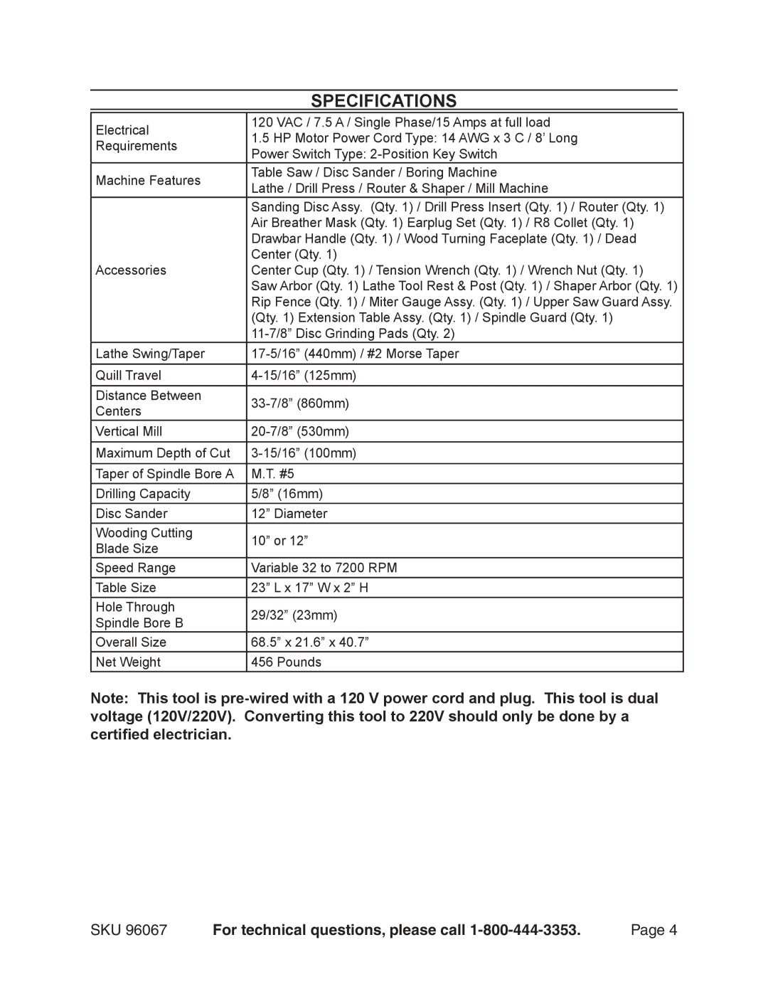 Harbor Freight Tools 96067 operating instructions Specifications 