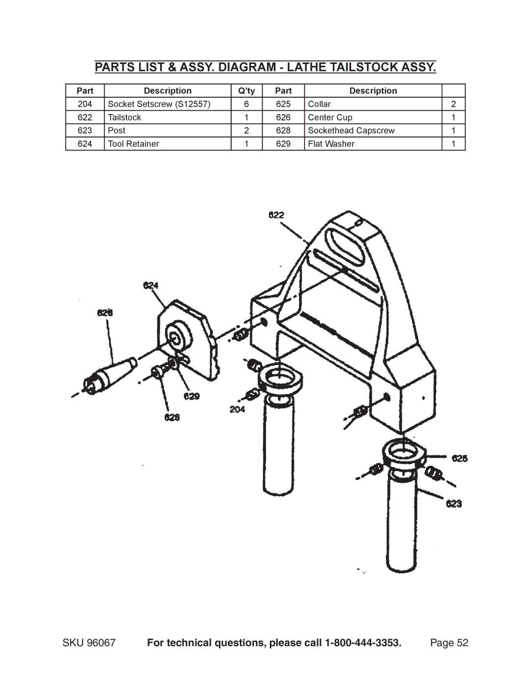 Harbor Freight Tools 96067 operating instructions Parts List & ASSY. Diagram Lathe Tailstock Assy 