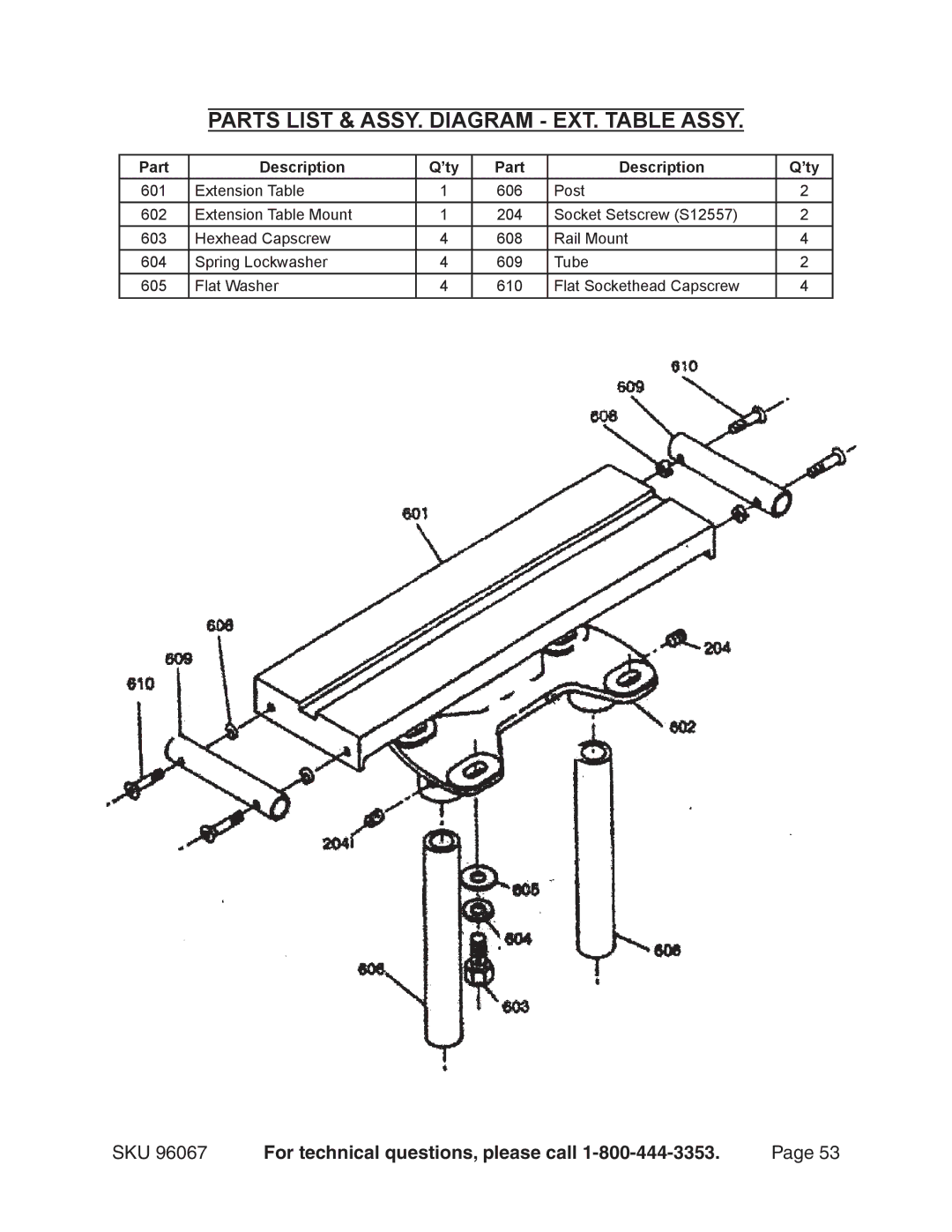 Harbor Freight Tools 96067 operating instructions Parts List & ASSY. Diagram EXT. Table Assy 