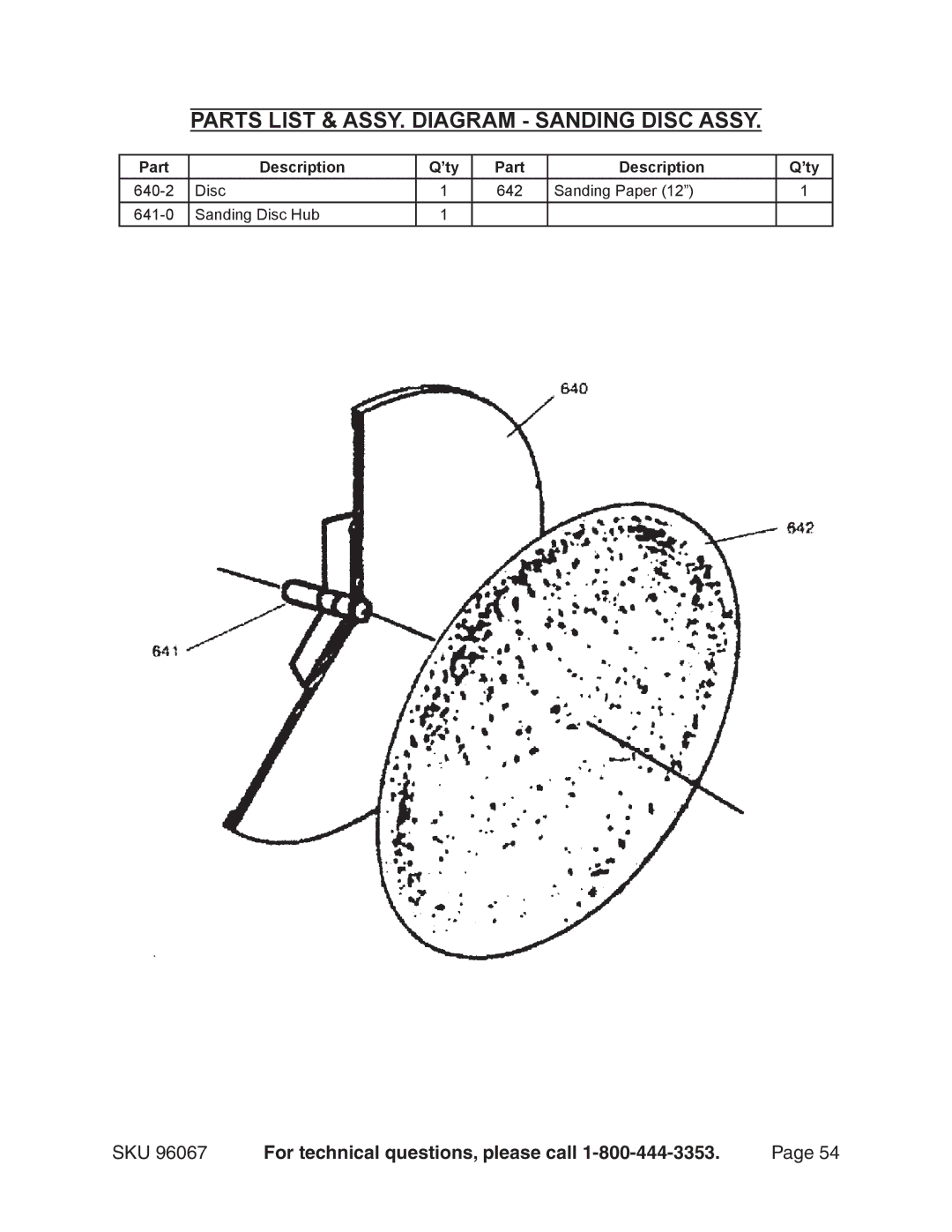 Harbor Freight Tools 96067 operating instructions Parts List & ASSY. Diagram Sanding Disc Assy 