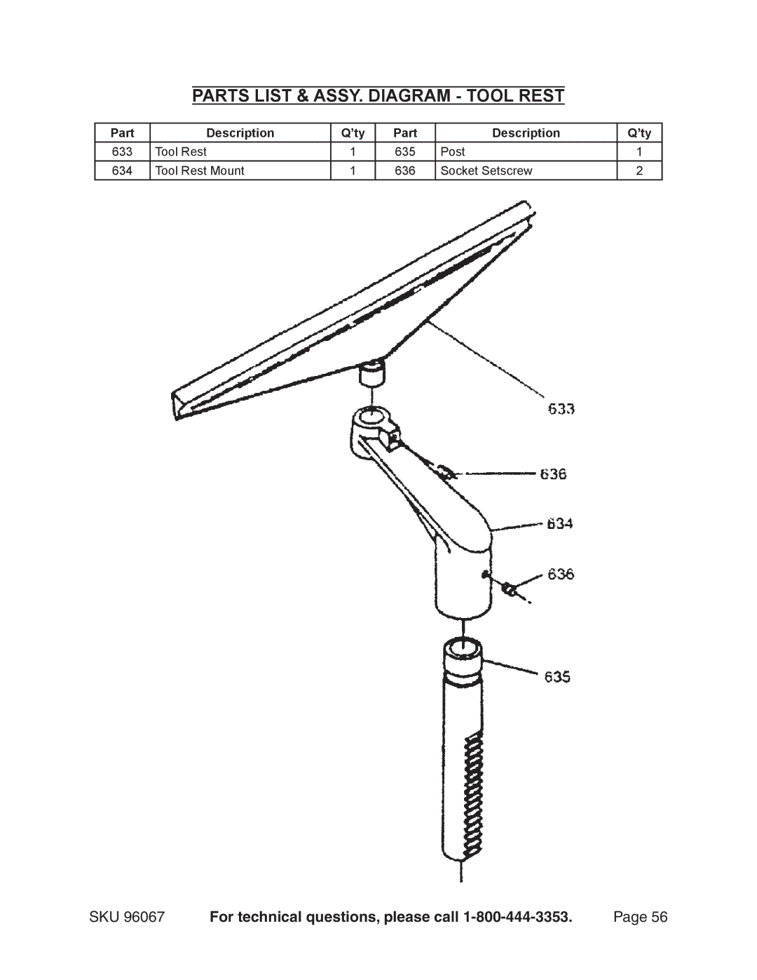 Harbor Freight Tools 96067 operating instructions Parts List & ASSY. Diagram Tool Rest 