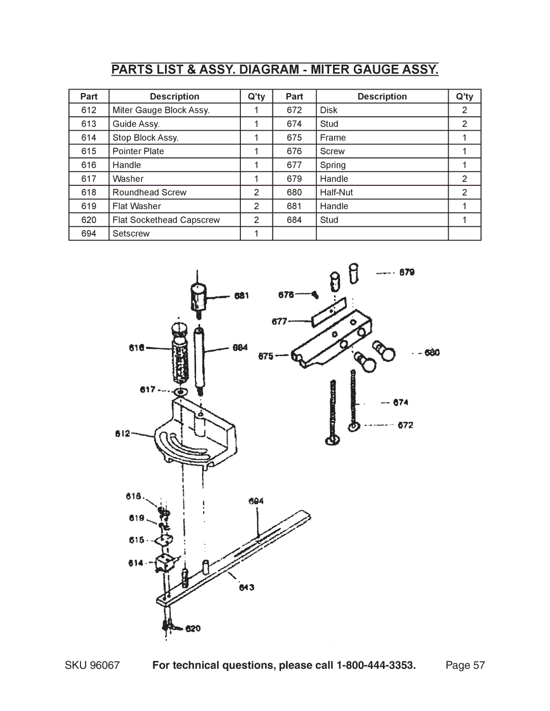 Harbor Freight Tools 96067 operating instructions Parts List & ASSY. Diagram Miter Gauge Assy 