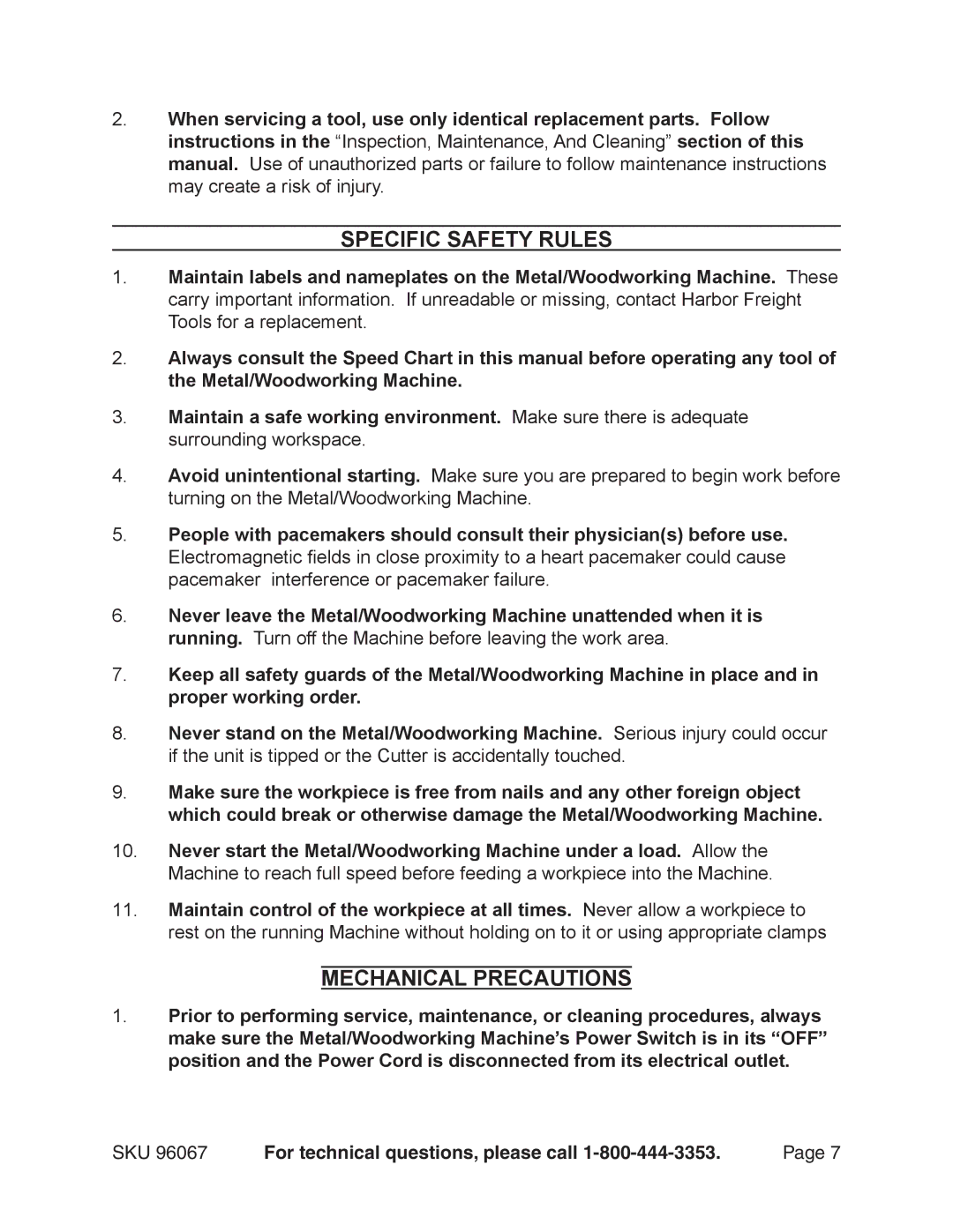 Harbor Freight Tools 96067 operating instructions Specific Safety Rules, Mechanical Precautions 