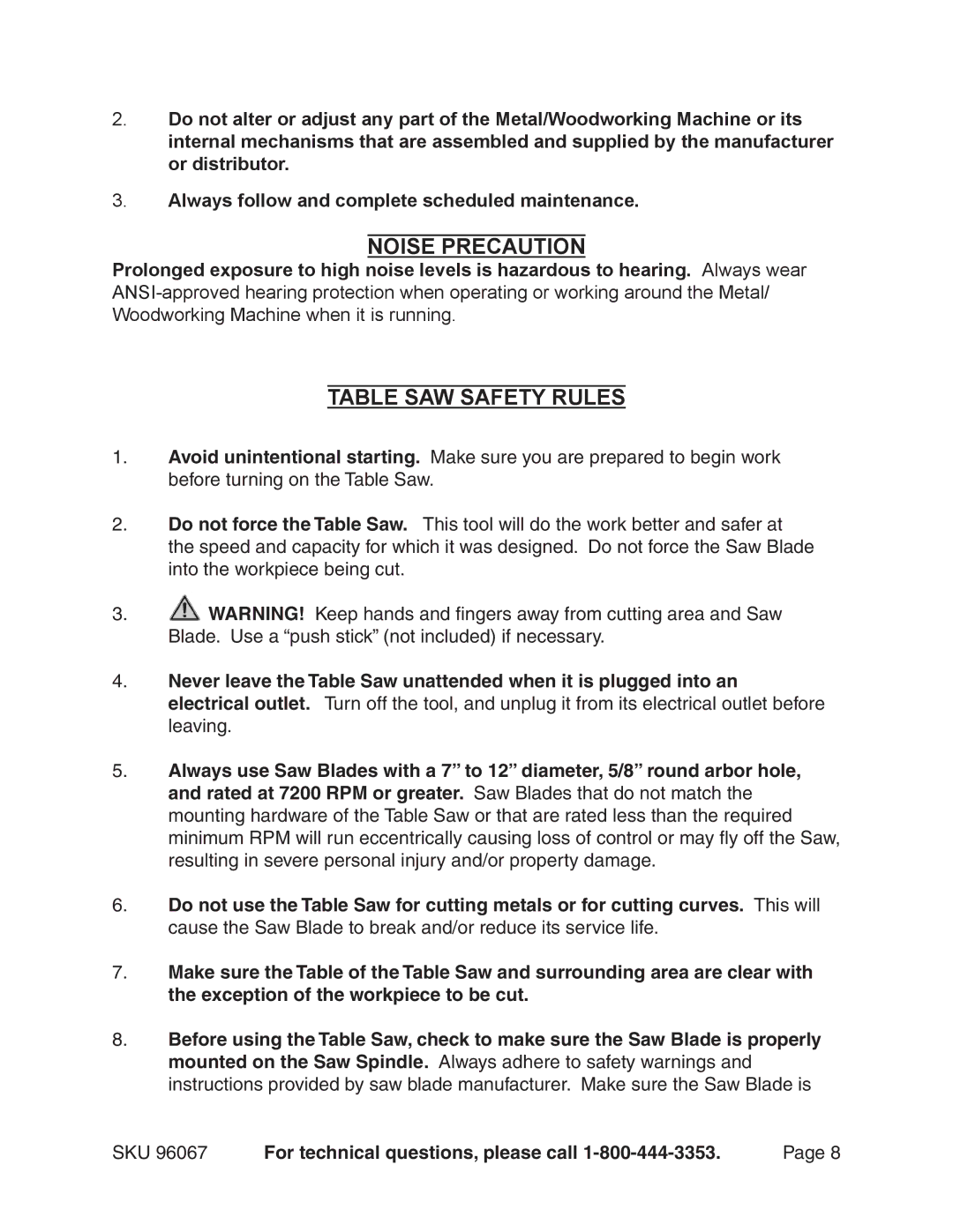 Harbor Freight Tools 96067 operating instructions Noise Precaution, Table SAW Safety Rules 