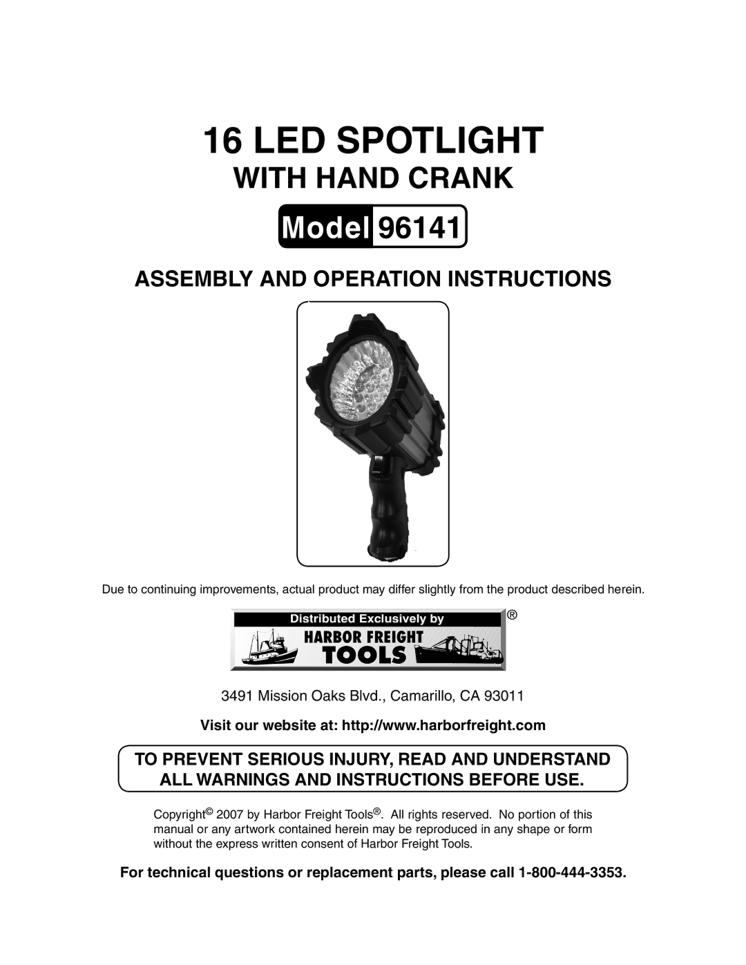 Harbor Freight Tools 96141 manual LED spotlight 