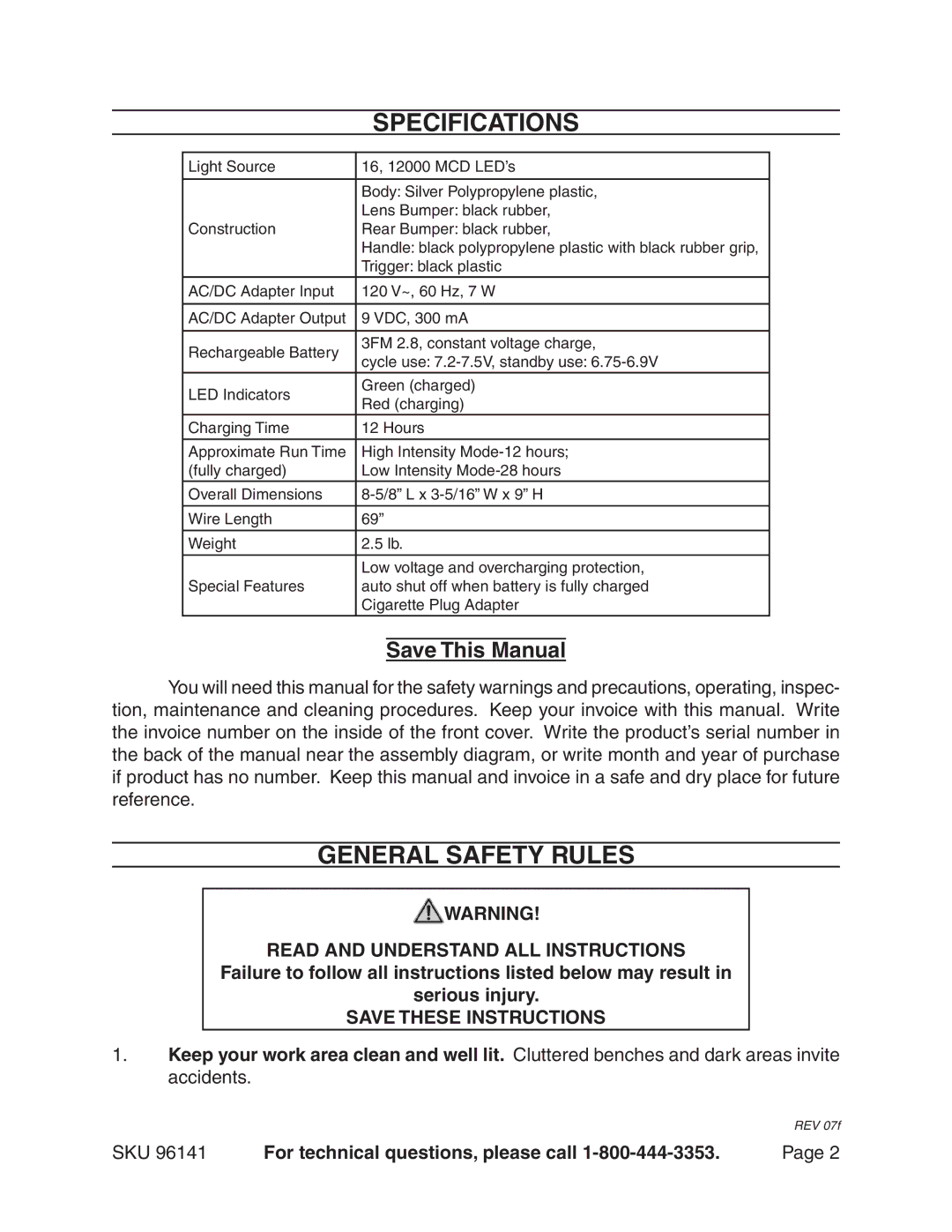 Harbor Freight Tools 96141 manual Specifications, General Safety Rules 