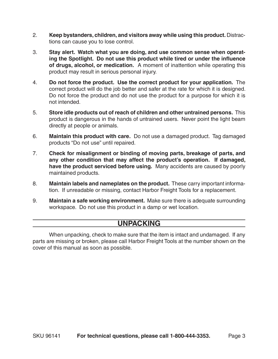 Harbor Freight Tools 96141 manual Unpacking 