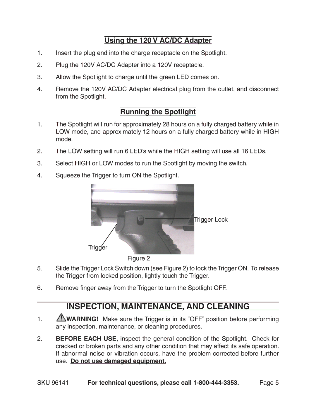 Harbor Freight Tools 96141 INSPECTION, MAINTENANCE, and Cleaning, Using the 120 V AC/DC Adapter, Running the Spotlight 