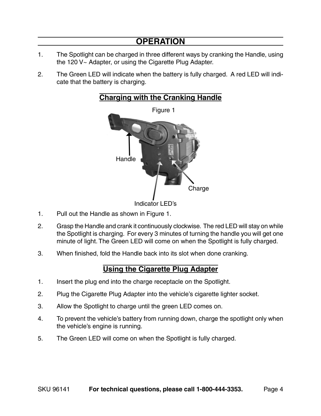 Harbor Freight Tools 96141 manual Operation, Charging with the Cranking Handle, Using the Cigarette Plug Adapter 