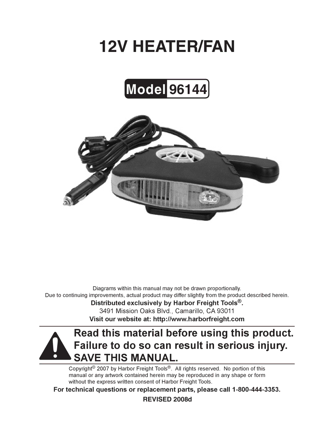 Harbor Freight Tools 96144 manual 12V heater/fan 