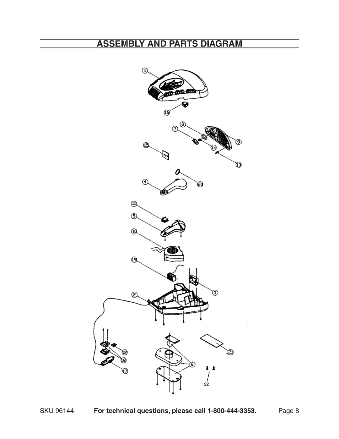 Harbor Freight Tools 96144 manual Assembly and parts diagram 