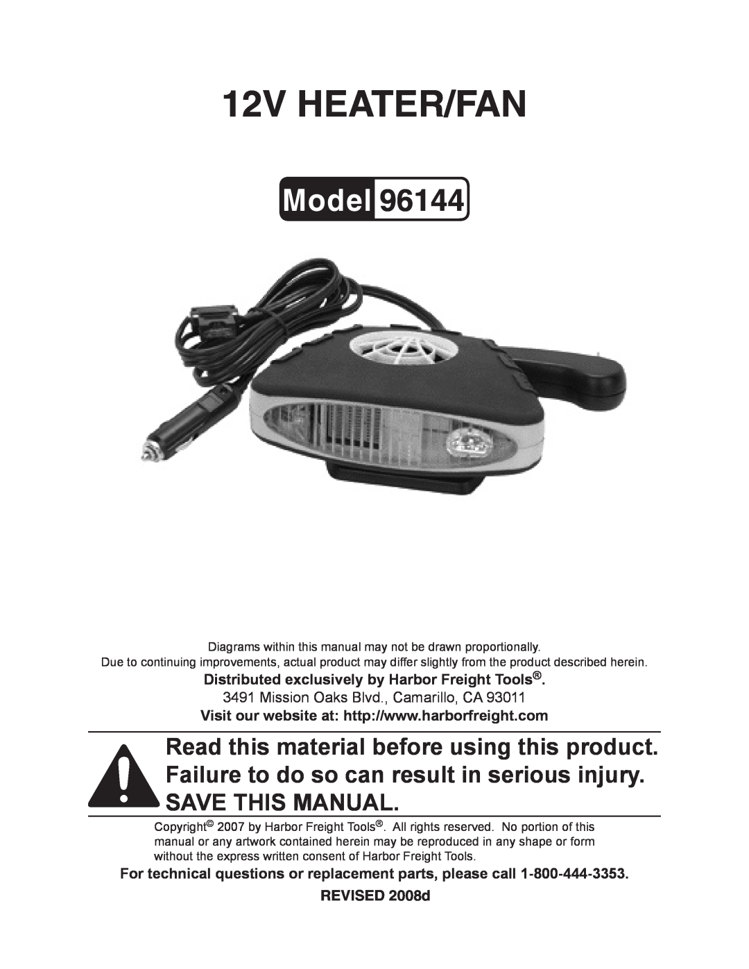 Harbor Freight Tools 96144 manual REVISED 2008d, 12V heater/fan, Model, Assembly And Operation Instructions 
