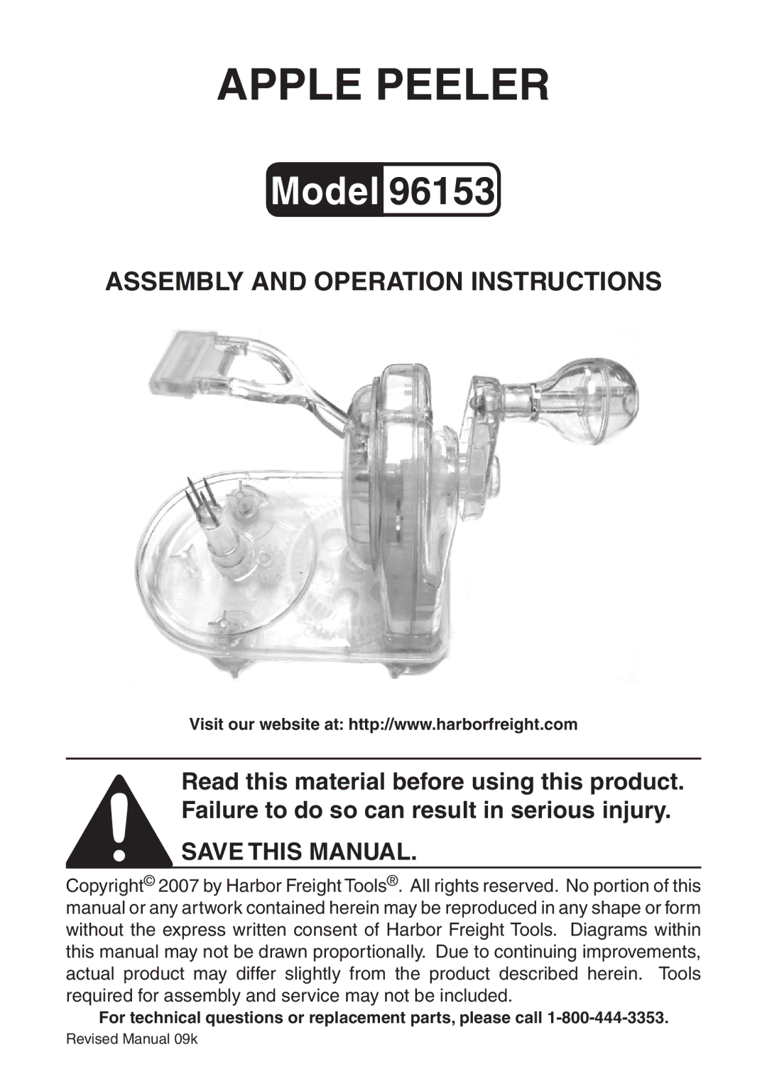 Harbor Freight Tools 96153 manual Apple peeler 