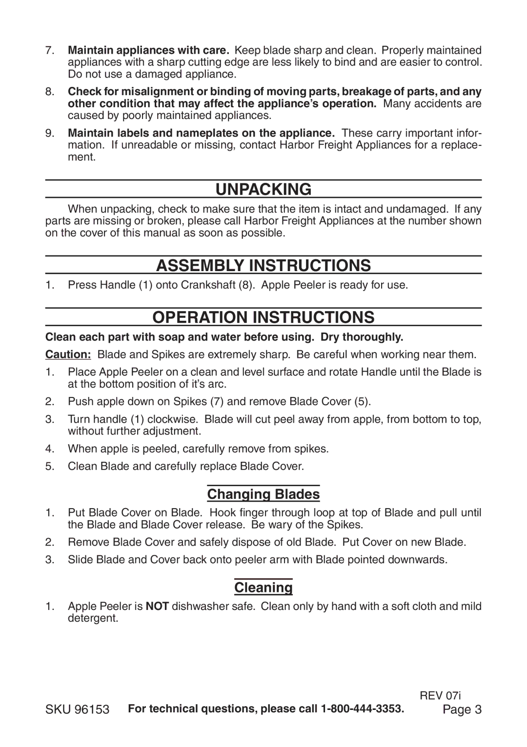 Harbor Freight Tools 96153 manual Unpacking, Assembly Instructions, Operation Instructions, Changing Blades, Cleaning 