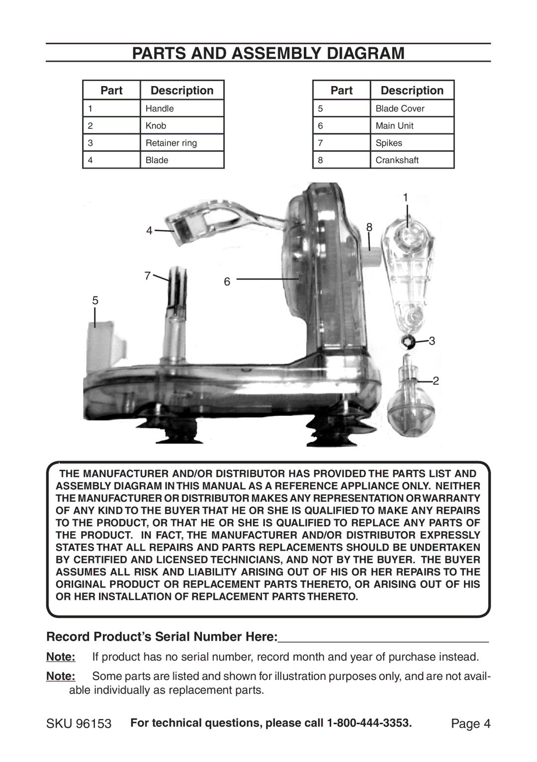 Harbor Freight Tools 96153 manual Parts and assembly diagram 