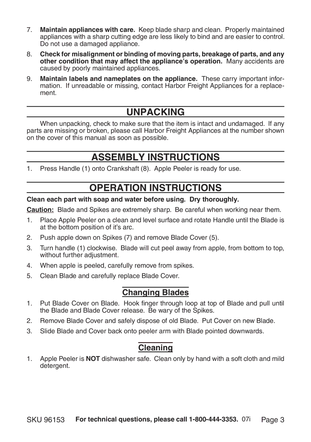 Harbor Freight Tools 96153 manual Unpacking, Assembly Instructions, Operation Instructions, Changing Blades, Cleaning 