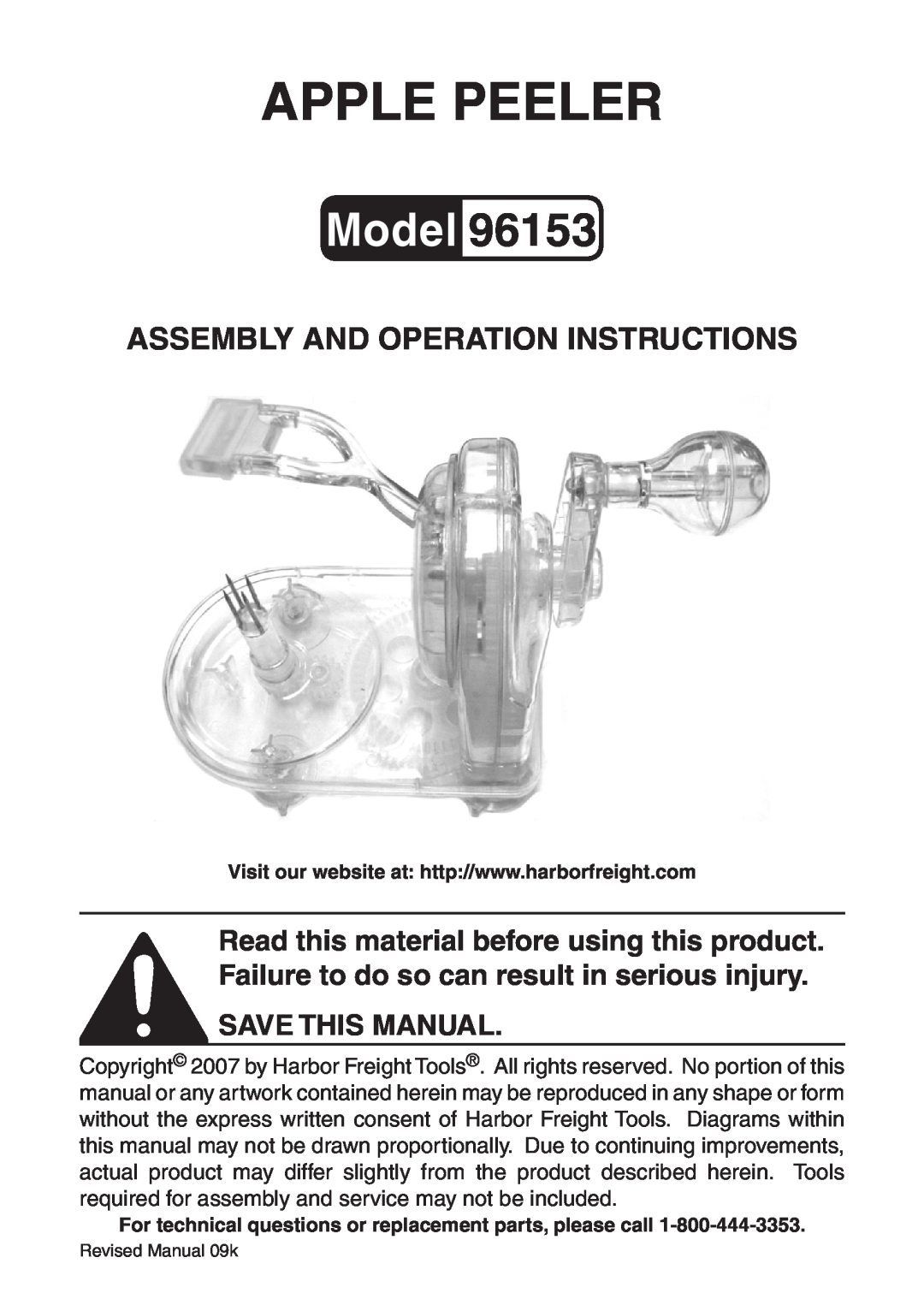 Harbor Freight Tools 96153 manual Save this manual, Apple peeler, Model, Assembly And Operation Instructions 
