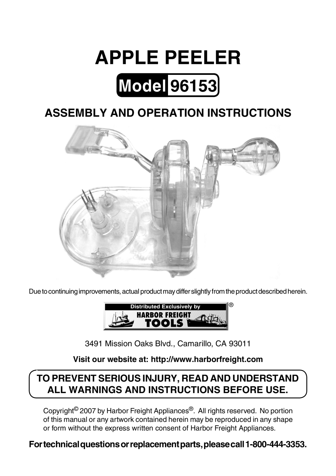 Harbor Freight Tools 96153 manual Fortechnicalquestionsorreplacementparts,pleasecall1-800-444-3353, Apple peeler, Model 