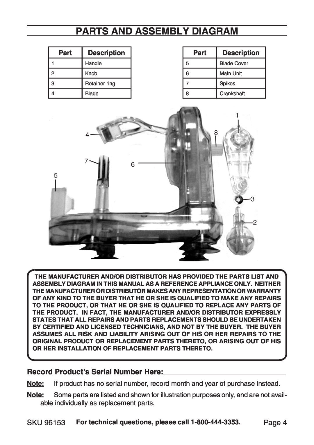 Harbor Freight Tools 96153 manual Parts and assembly diagram, Record Product’s Serial Number Here, Page 