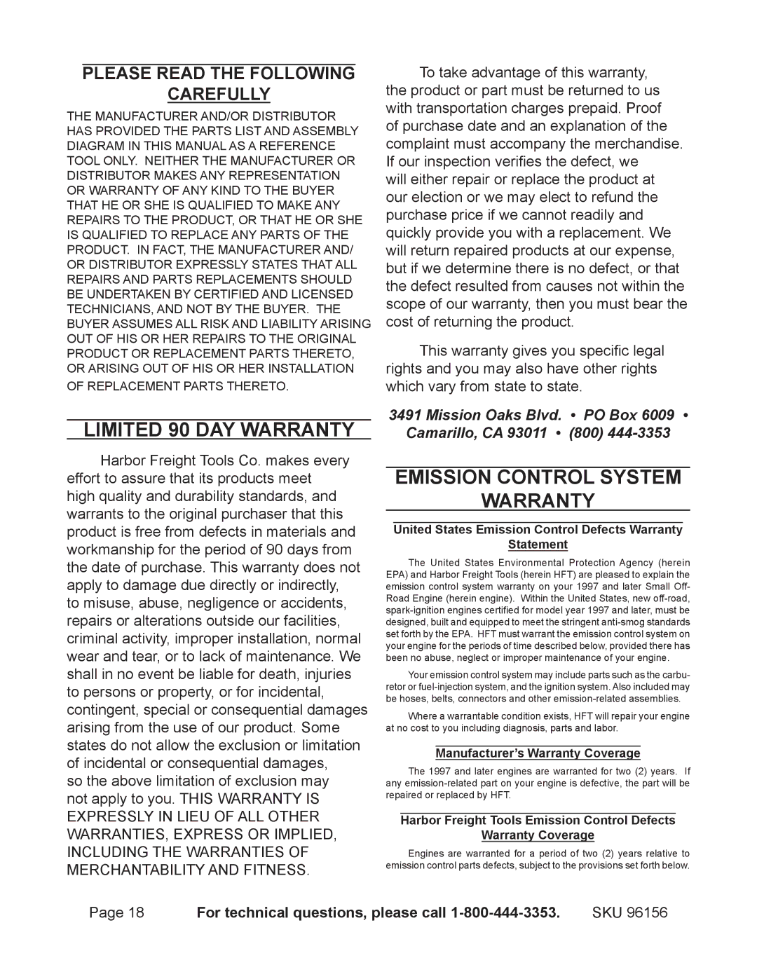 Harbor Freight Tools 96156 manual Emission Control System Warranty, Please Read the Following Carefully 