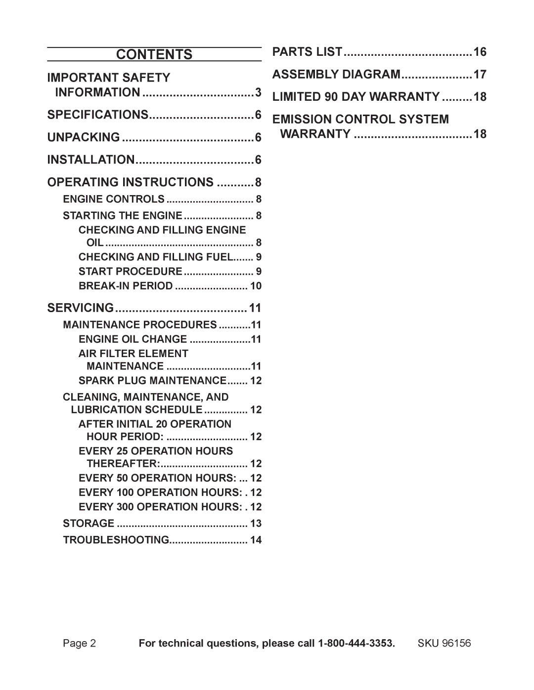 Harbor Freight Tools 96156 manual Contents 