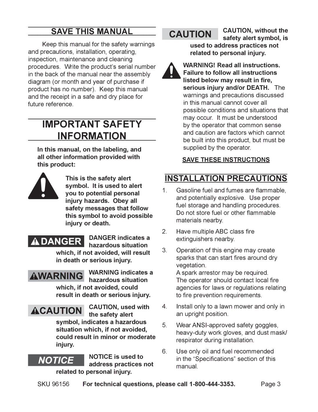 Harbor Freight Tools 96156 manual Save This Manual, Installation precautions 