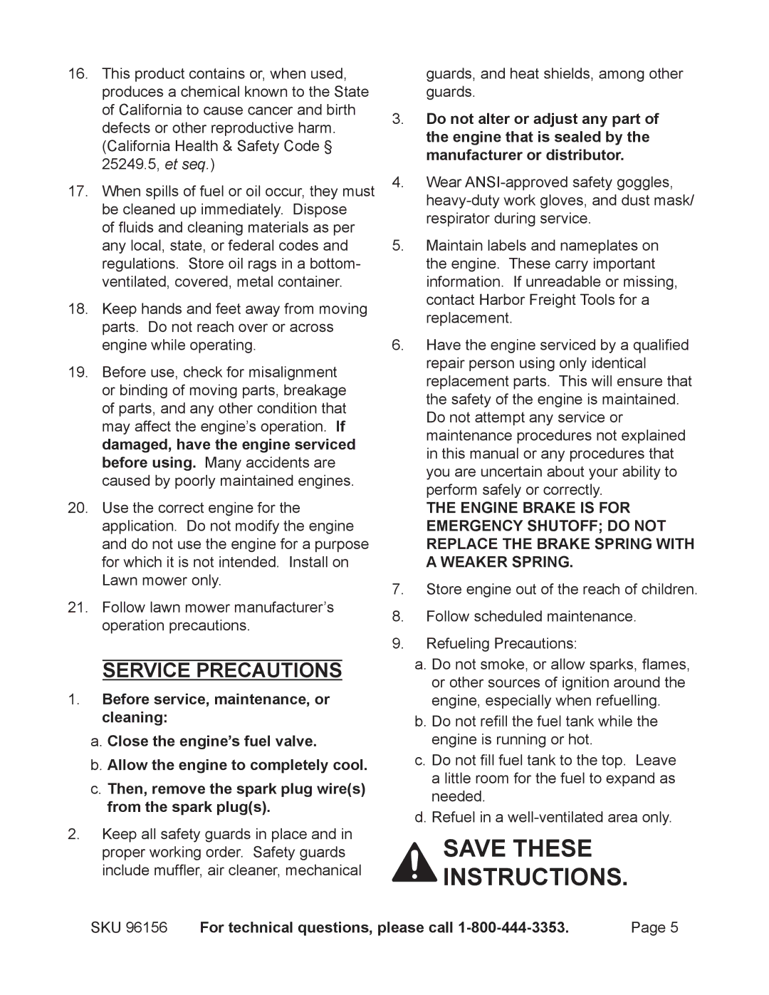 Harbor Freight Tools 96156 manual Service precautions 