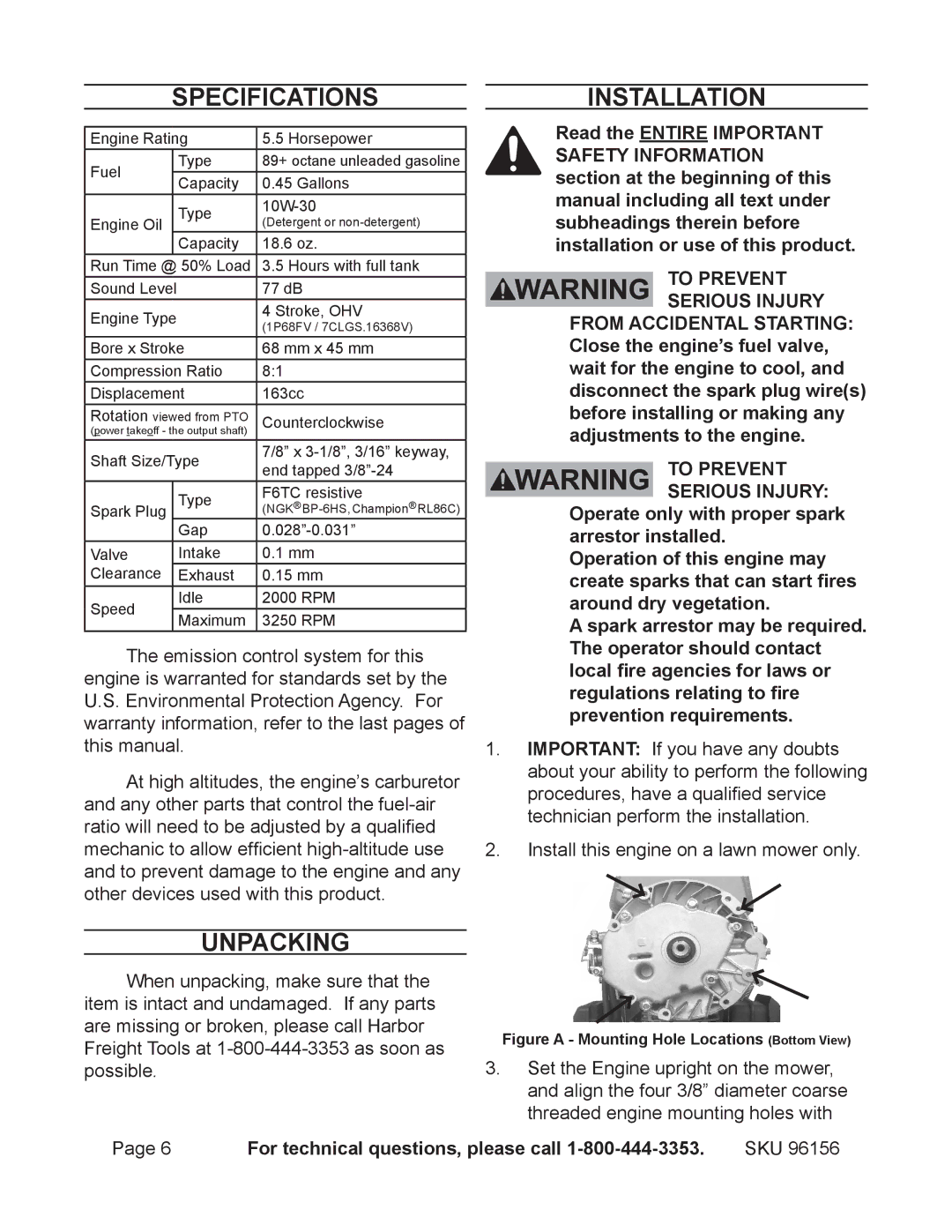 Harbor Freight Tools 96156 manual Specifications, Unpacking, Installation 