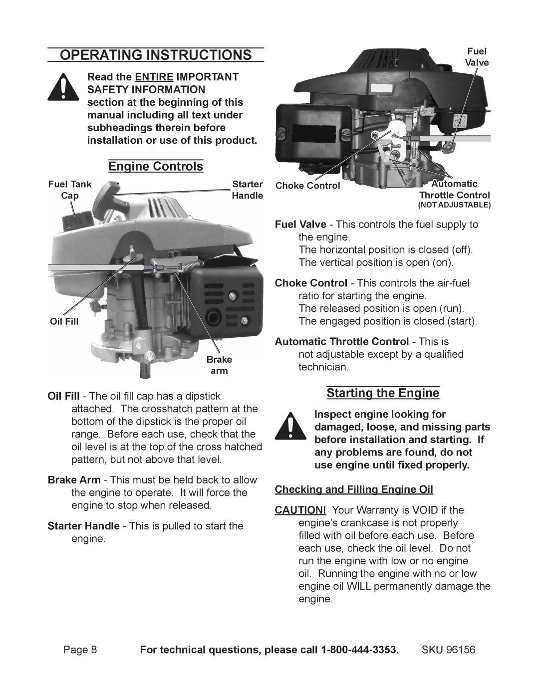 Harbor Freight Tools 96156 manual Operating Instructions, Starting the Engine 