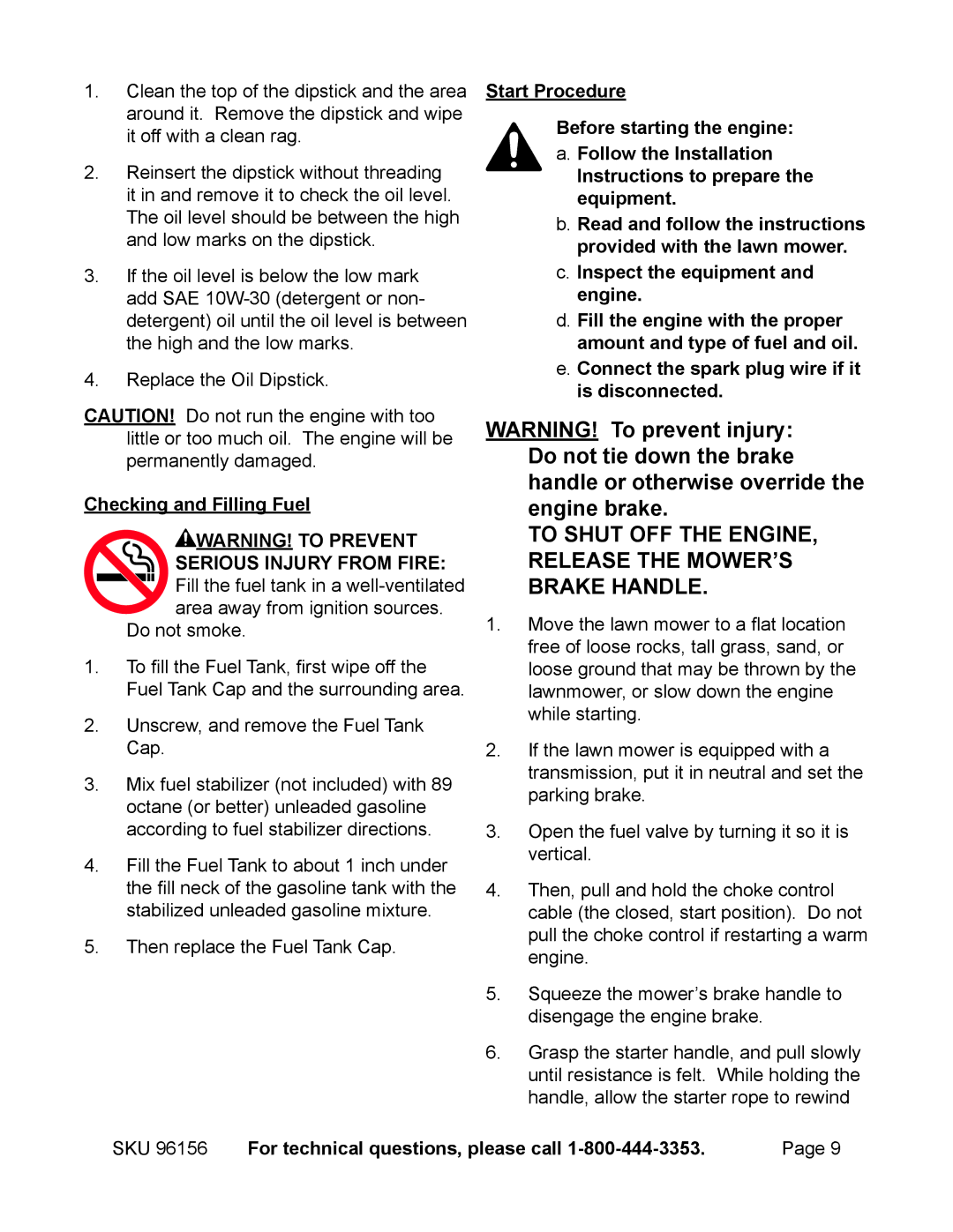 Harbor Freight Tools 96156 manual To shut off the engine, release the mower’s brake handle, Checking and Filling Fuel 