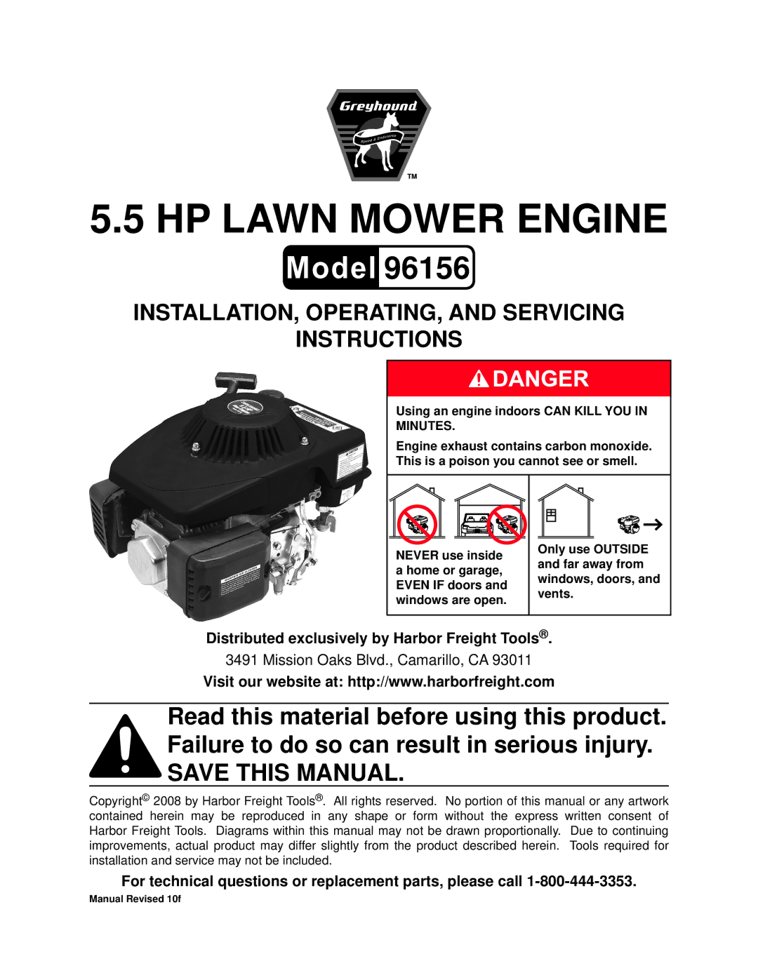 Harbor Freight Tools 96156 manual Distributed exclusively by Harbor Freight Tools 