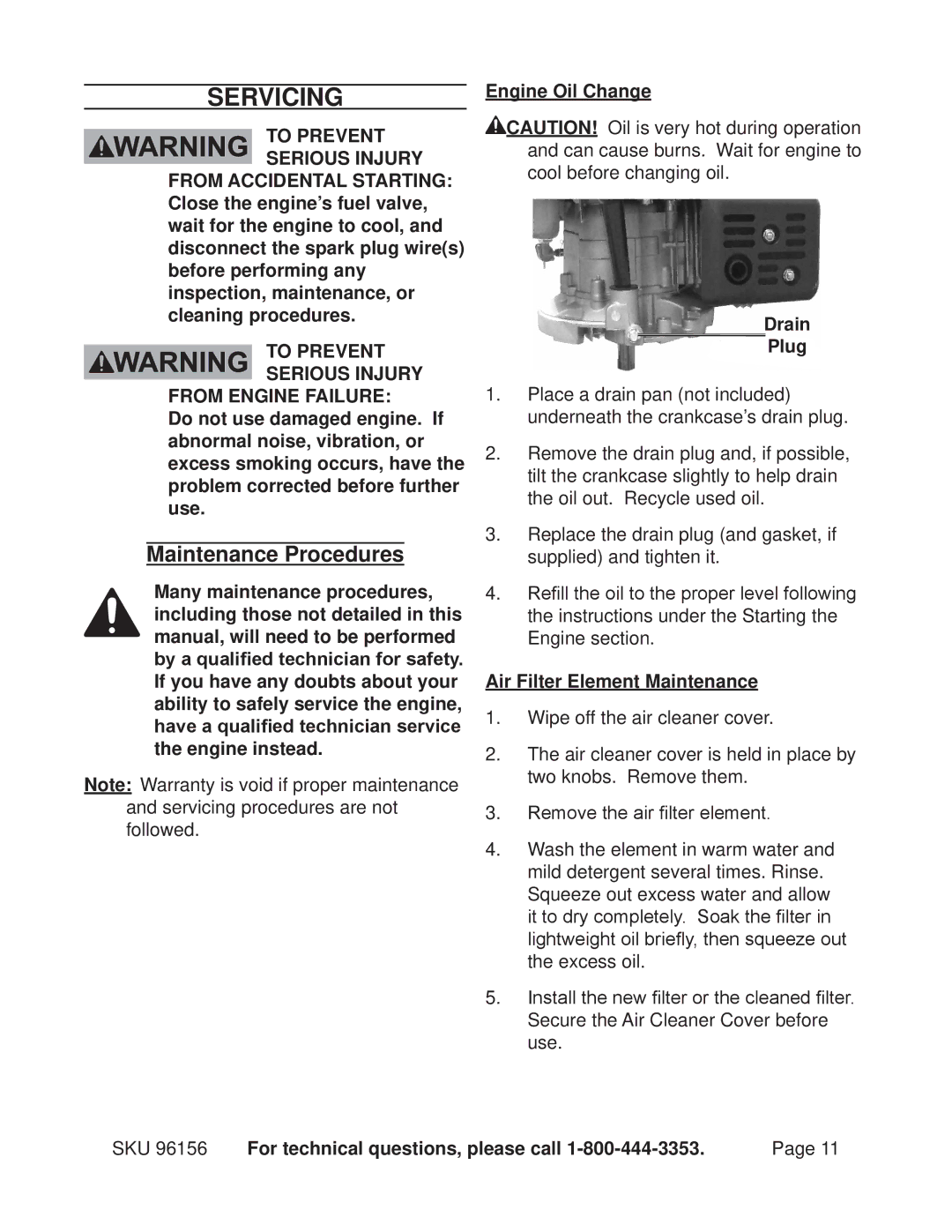 Harbor Freight Tools 96156 manual Servicing, Maintenance Procedures, Air Filter Element Maintenance 