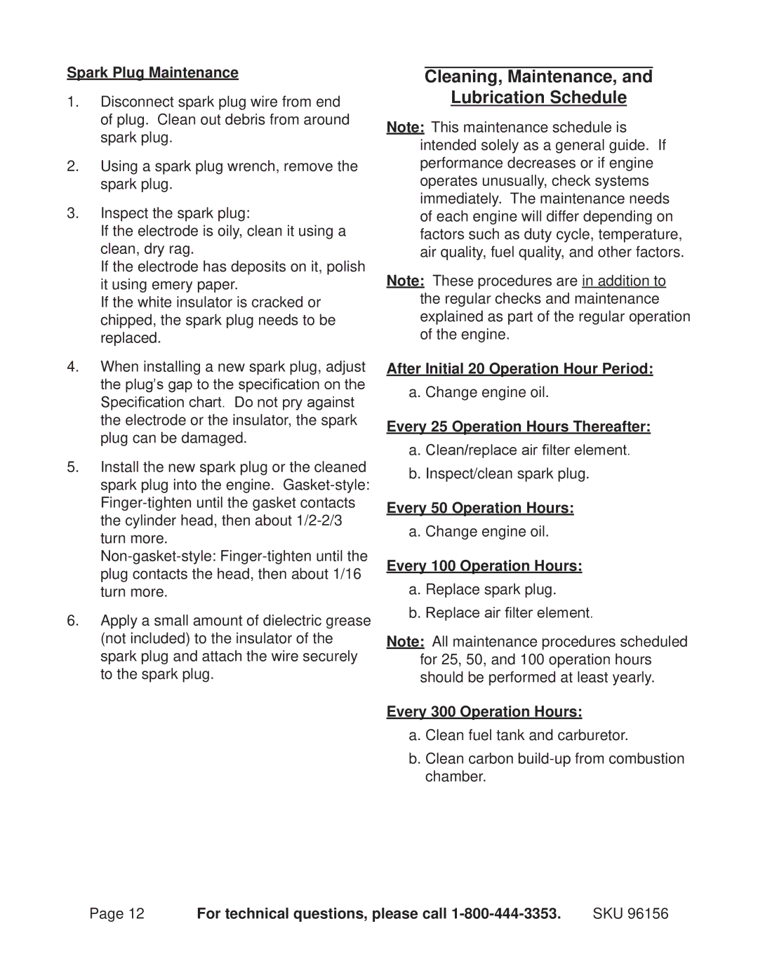 Harbor Freight Tools 96156 manual Cleaning, Maintenance, Lubrication Schedule, After Initial 20 Operation Hour Period 