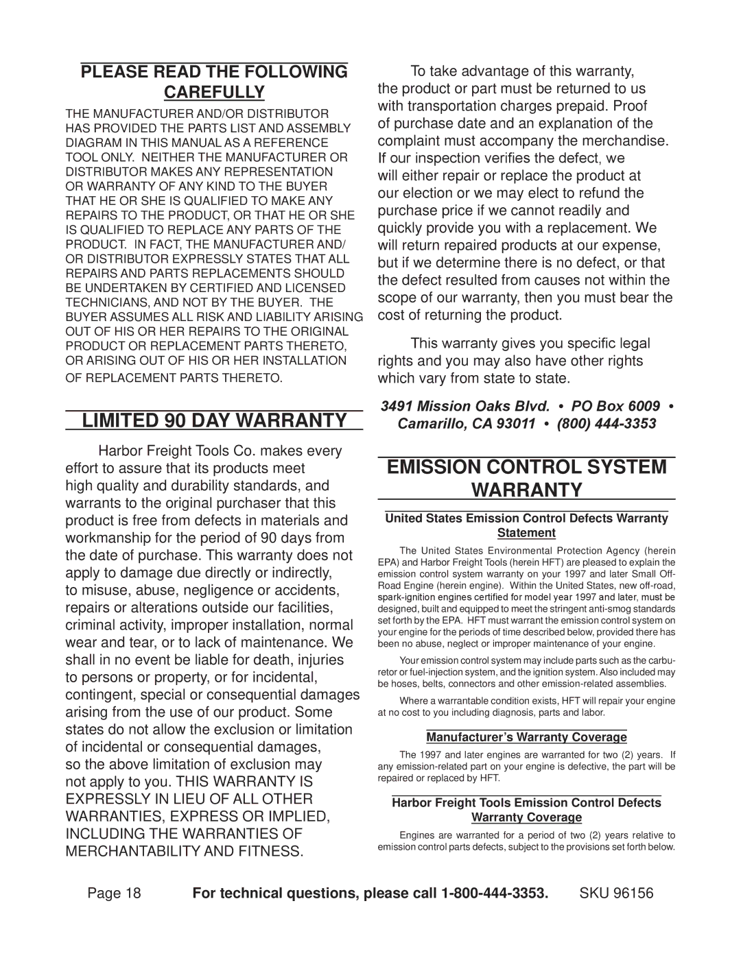 Harbor Freight Tools 96156 manual Emission Control System Warranty, Please Read the Following Carefully 