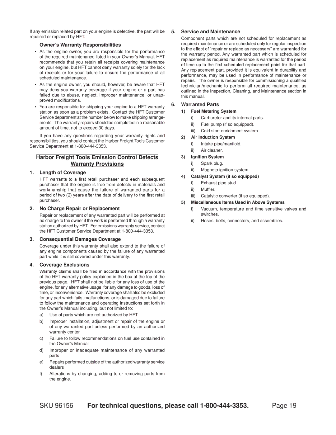 Harbor Freight Tools 96156 manual Owner’s Warranty Responsibilities 