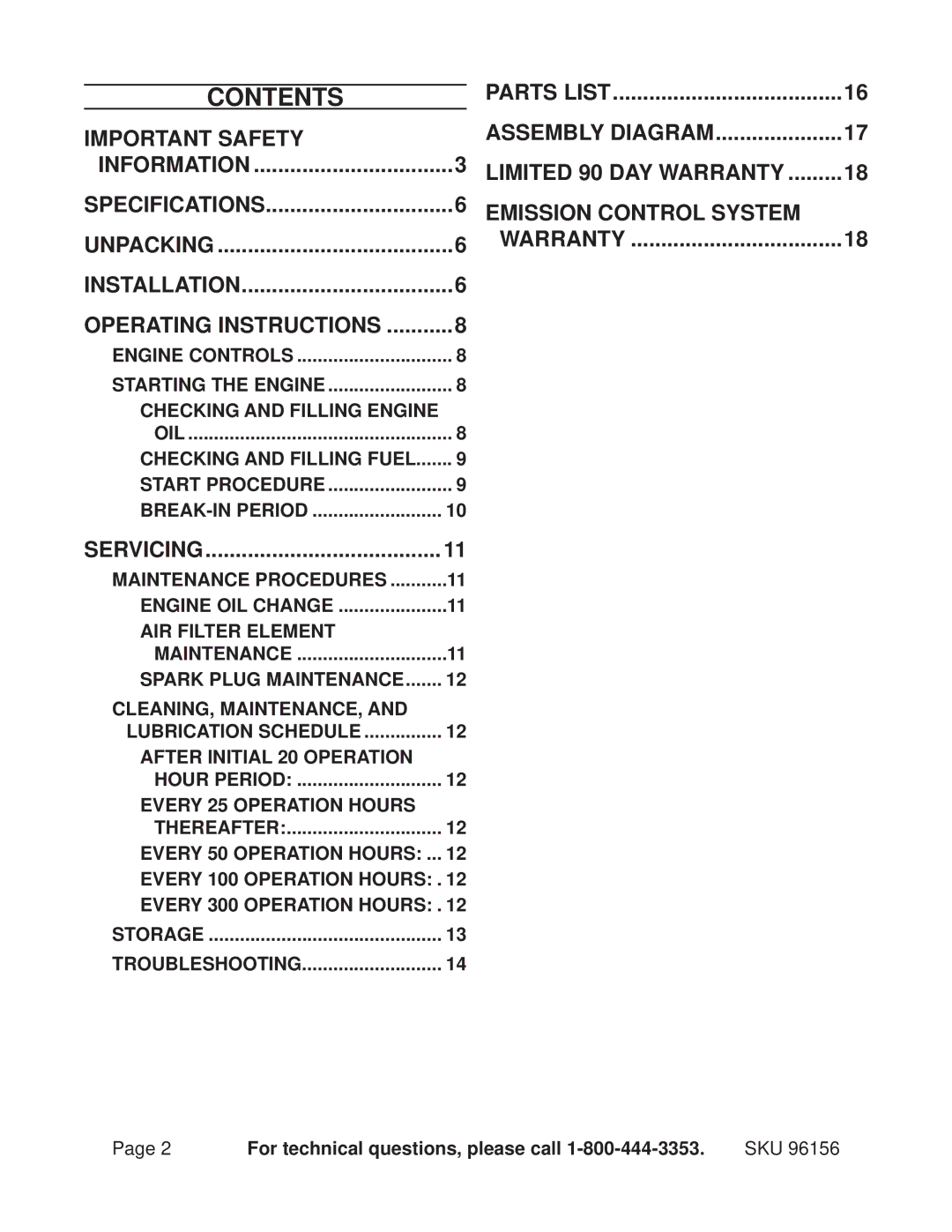 Harbor Freight Tools 96156 manual Contents 