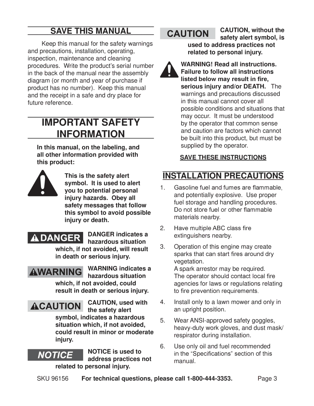 Harbor Freight Tools 96156 manual Save This Manual, Installation precautions 