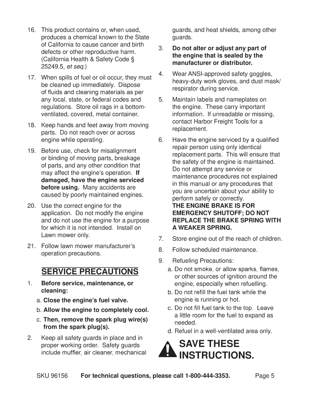 Harbor Freight Tools 96156 manual Service precautions 